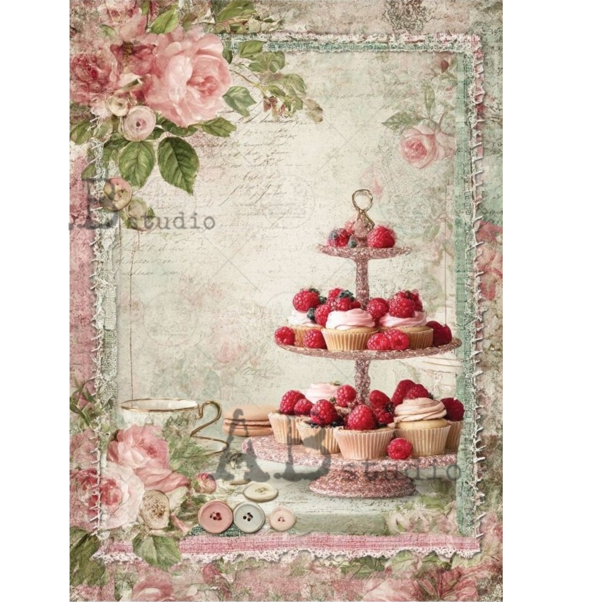 Vintage-style illustration of a three-tiered sweet stand with cupcakes and berries, surrounded by floral elements.