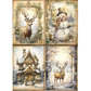 Four winter-themed panels featuring a deer, snowman, house, and reindeer.