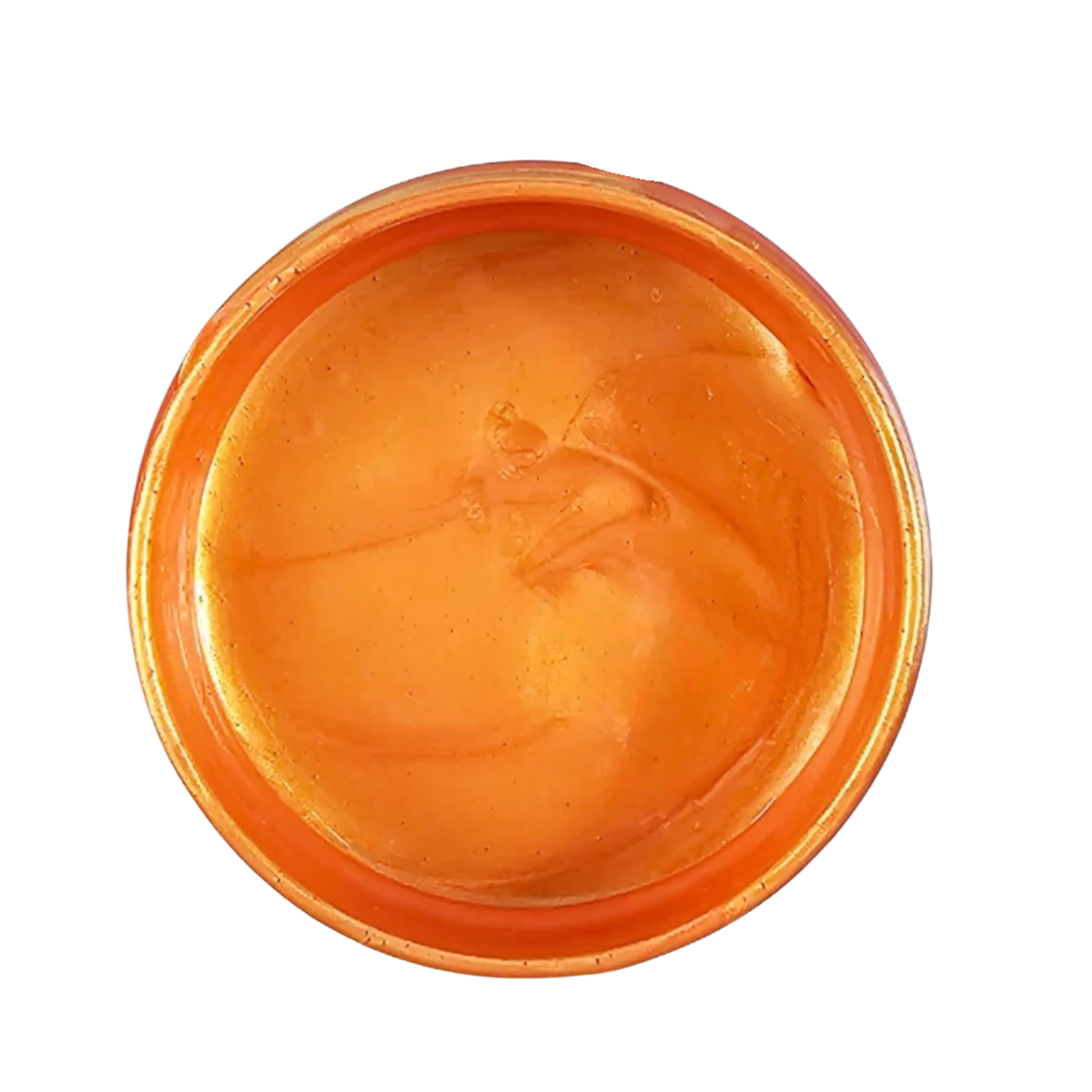 Open jar of orange metallic paint on a white background