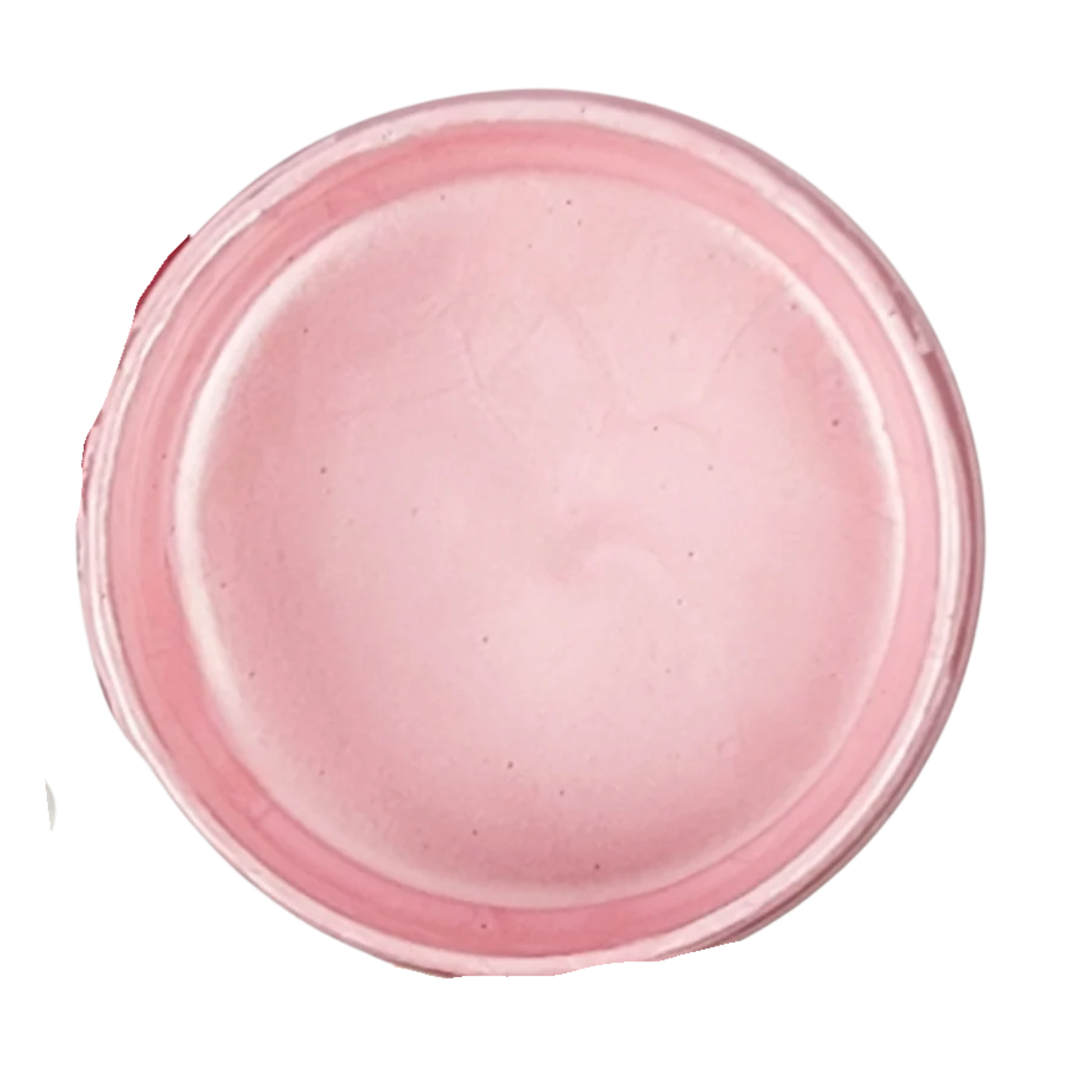 Open jar of pink metallic paint on a white background
