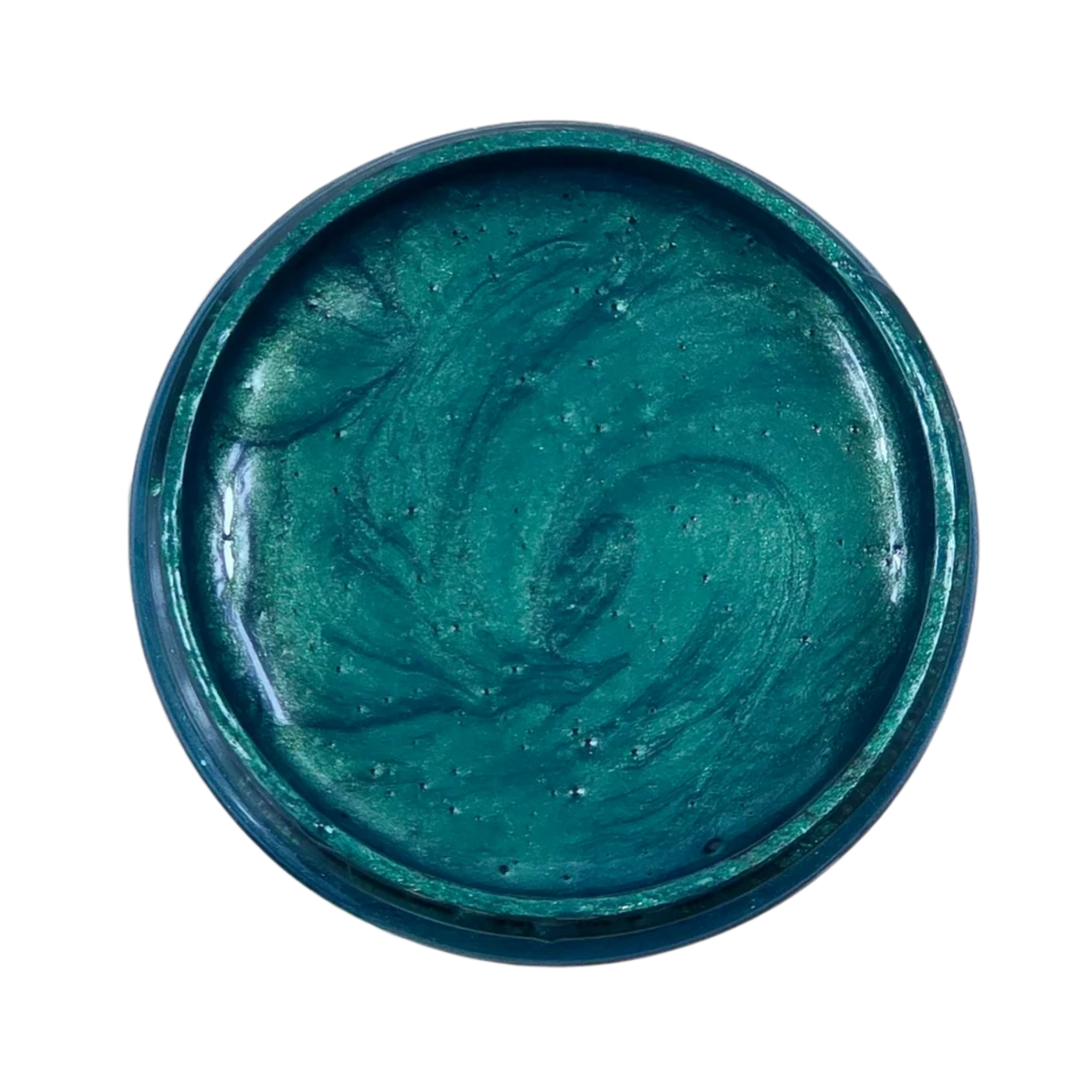 Close-up of emerald green metallic paint in a round container on a white background