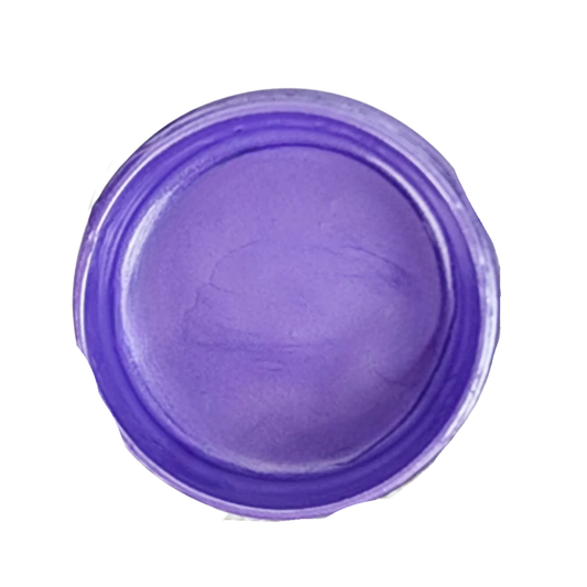 Open jar of purple/blue metallic paint on a white background.
