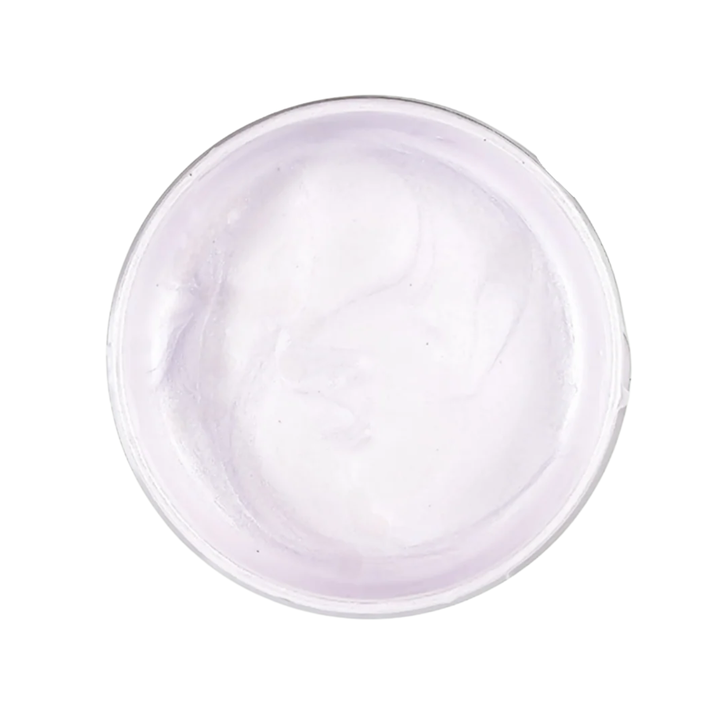Open jar of pale lavender metallic paint on a white background.