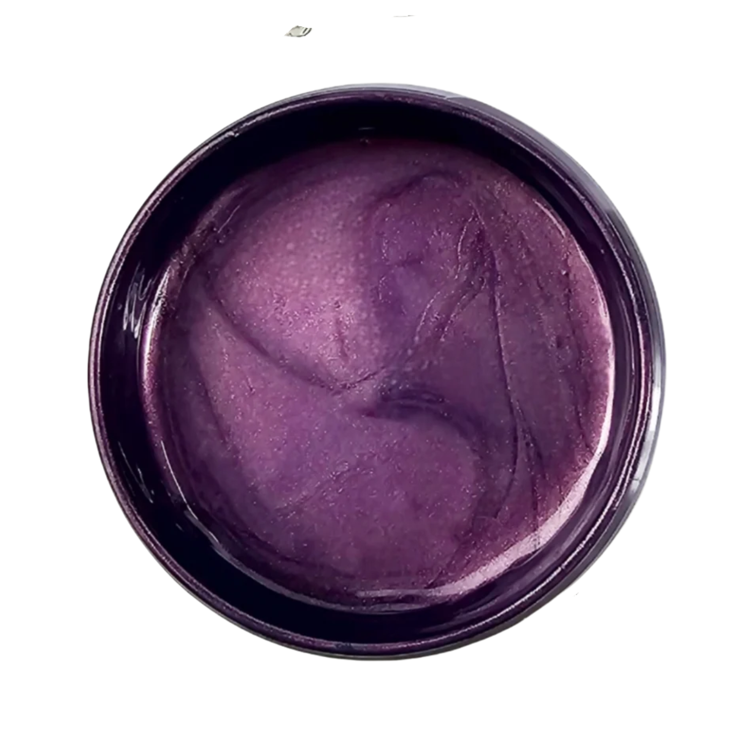 Purple metallic paint in a round container on a white background