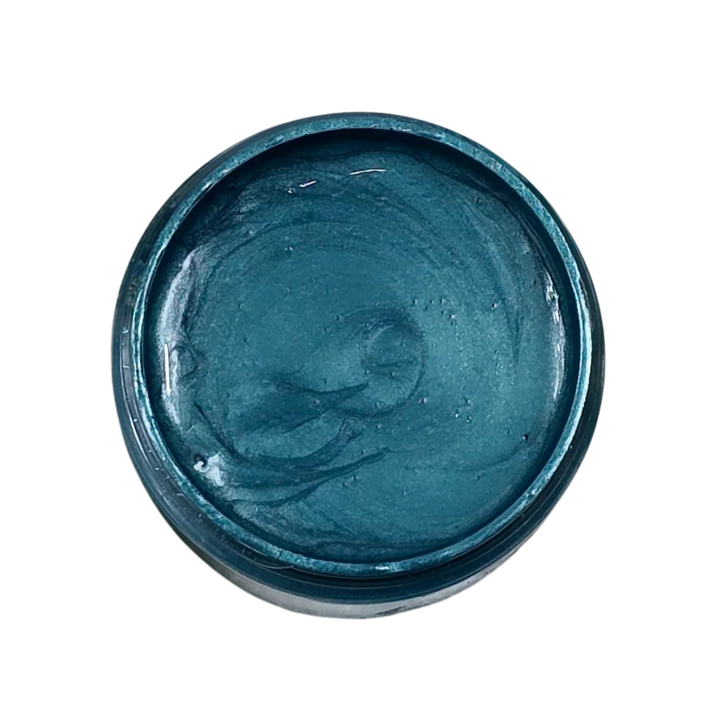 Open jar of teal metallic paint on a white background.