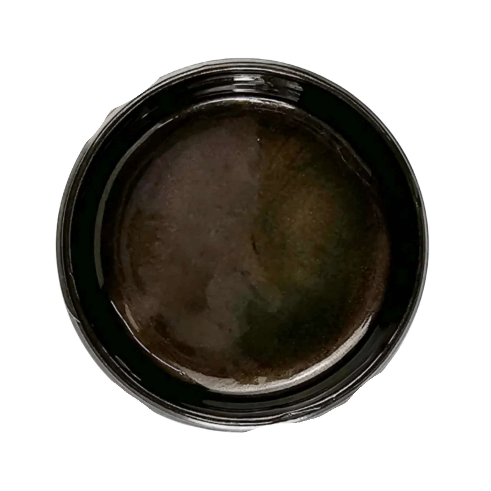 Open jar of brown metallic paint on a white background.