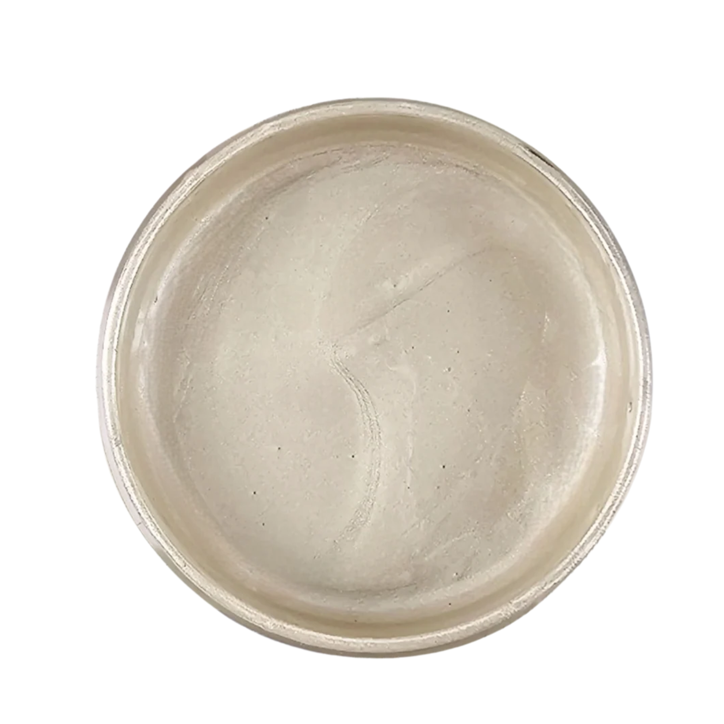 Open jar of beige metallic paint on a white background.