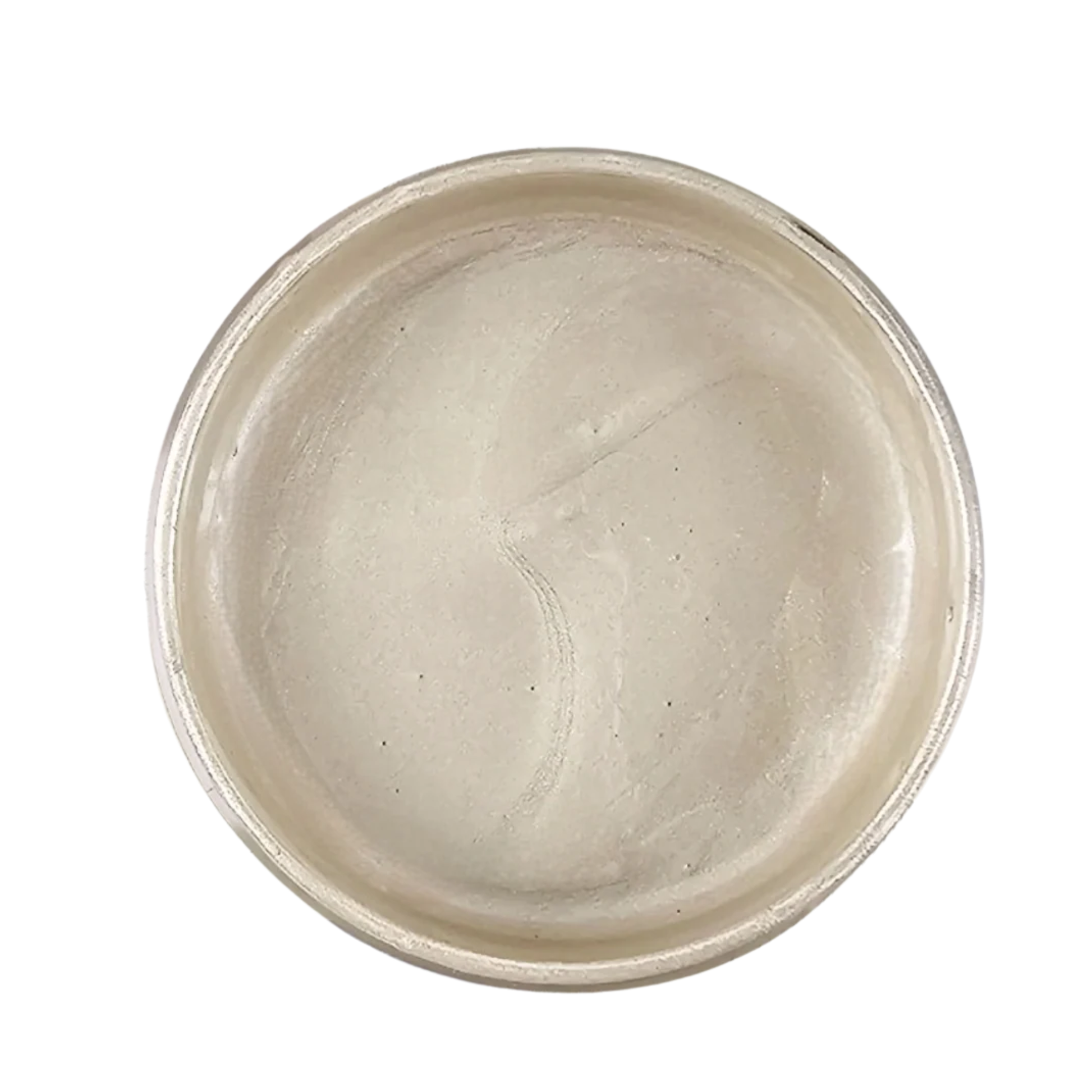 Open jar of beige metallic paint on a white background.