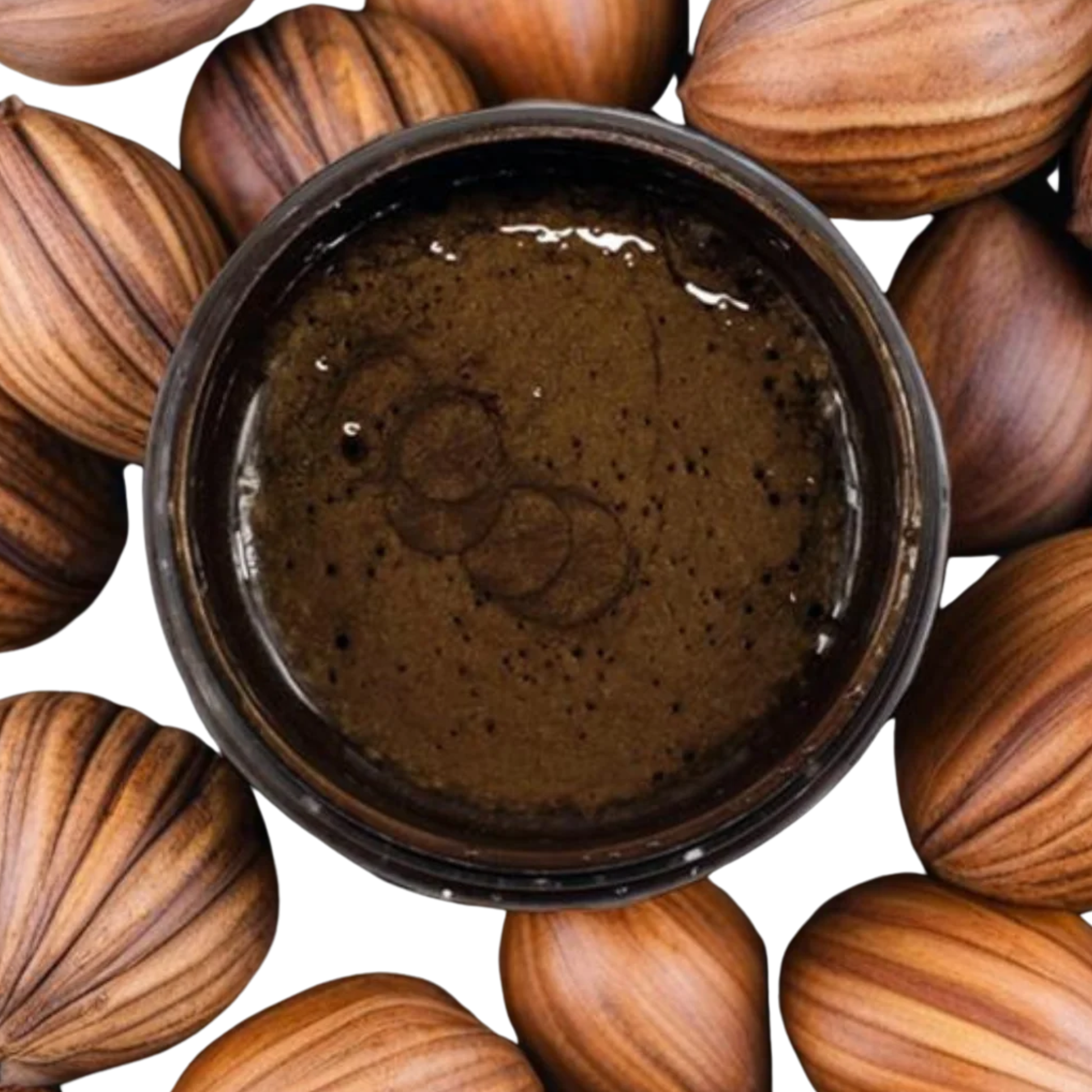 Open jar of deep reddish-brown metallic paint surrounded by walnuts.
