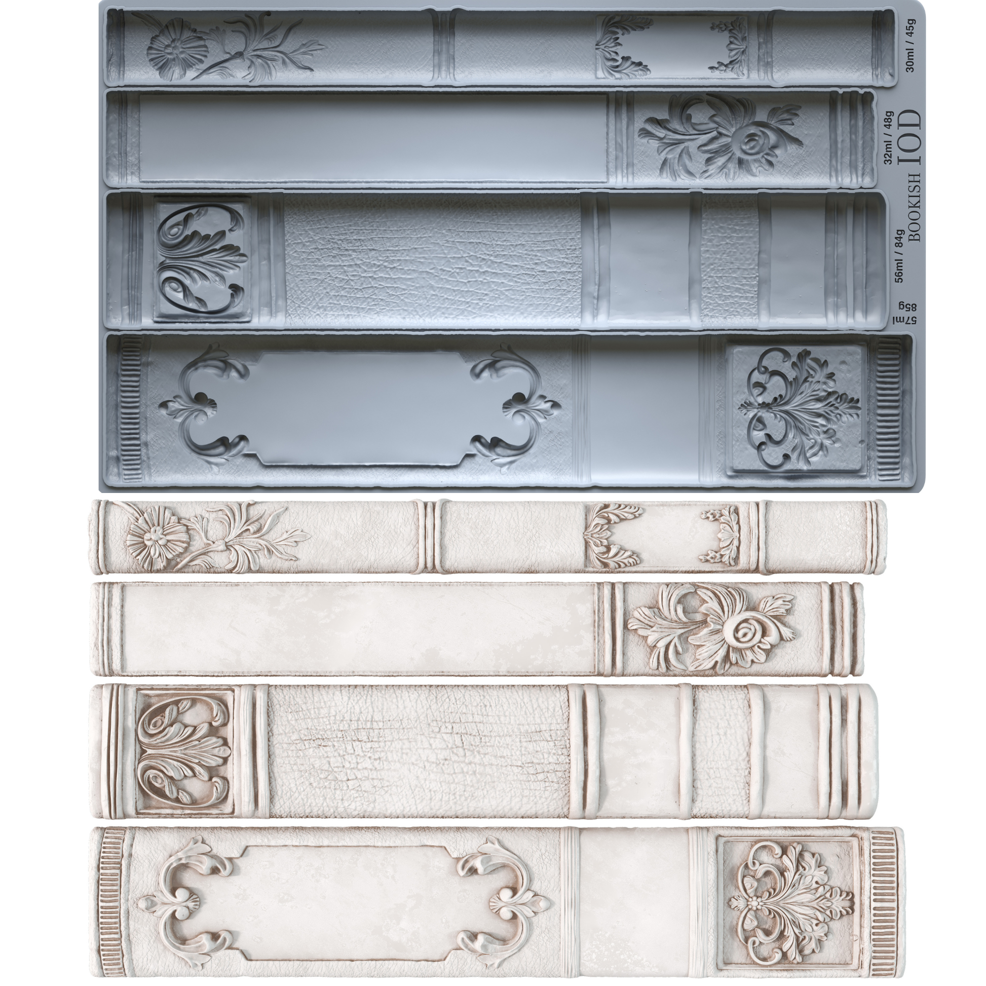 Bookish IOD Mould by Iron Orchid Designs- mould and castings side by side.