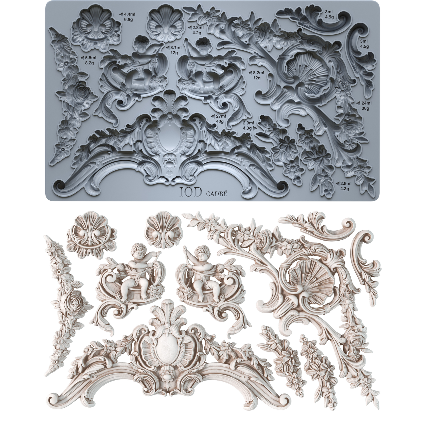 IOD Cadré Mould from Iron Orchid Designs. Mould and castings side by side.