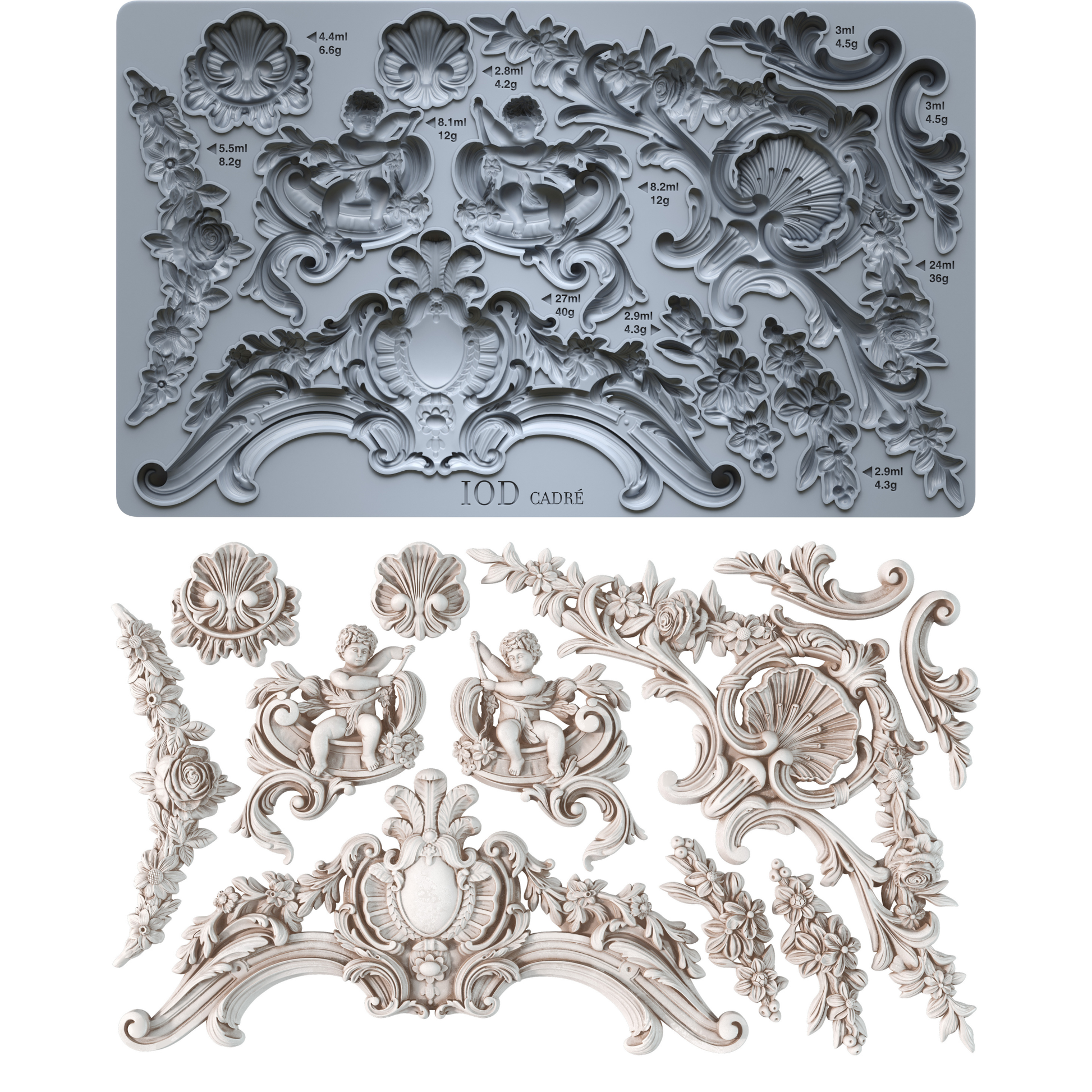 IOD Cadré Mould from Iron Orchid Designs. Mould and castings side by side.