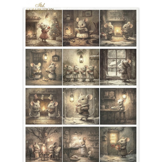 "Mouse Family Christmas" decoupage rice paper by ITD Collection. Available at Milton's Daughter. Twelve Illustrations of mice in various domestic holiday settings.