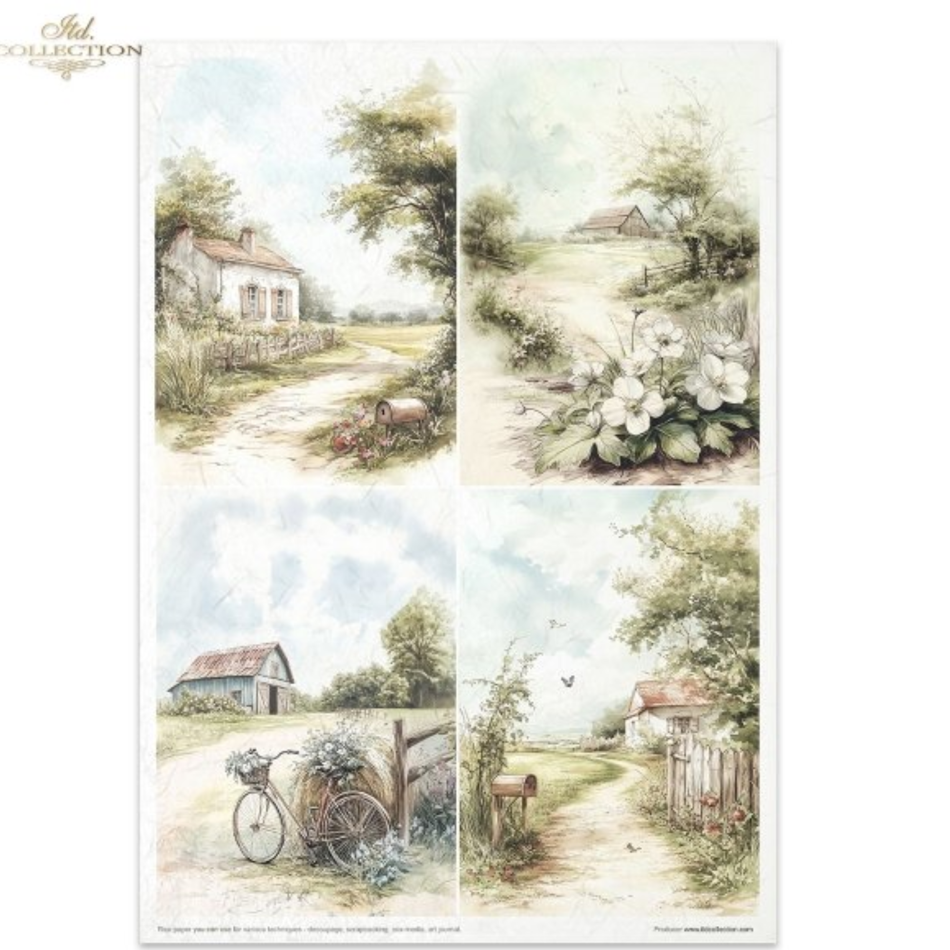 A sheet of decorative paper featuring four vintage-style rural landscape illustrations, including a cottage by a path, white flowers, a rustic barn, and a bicycle in a field. 
