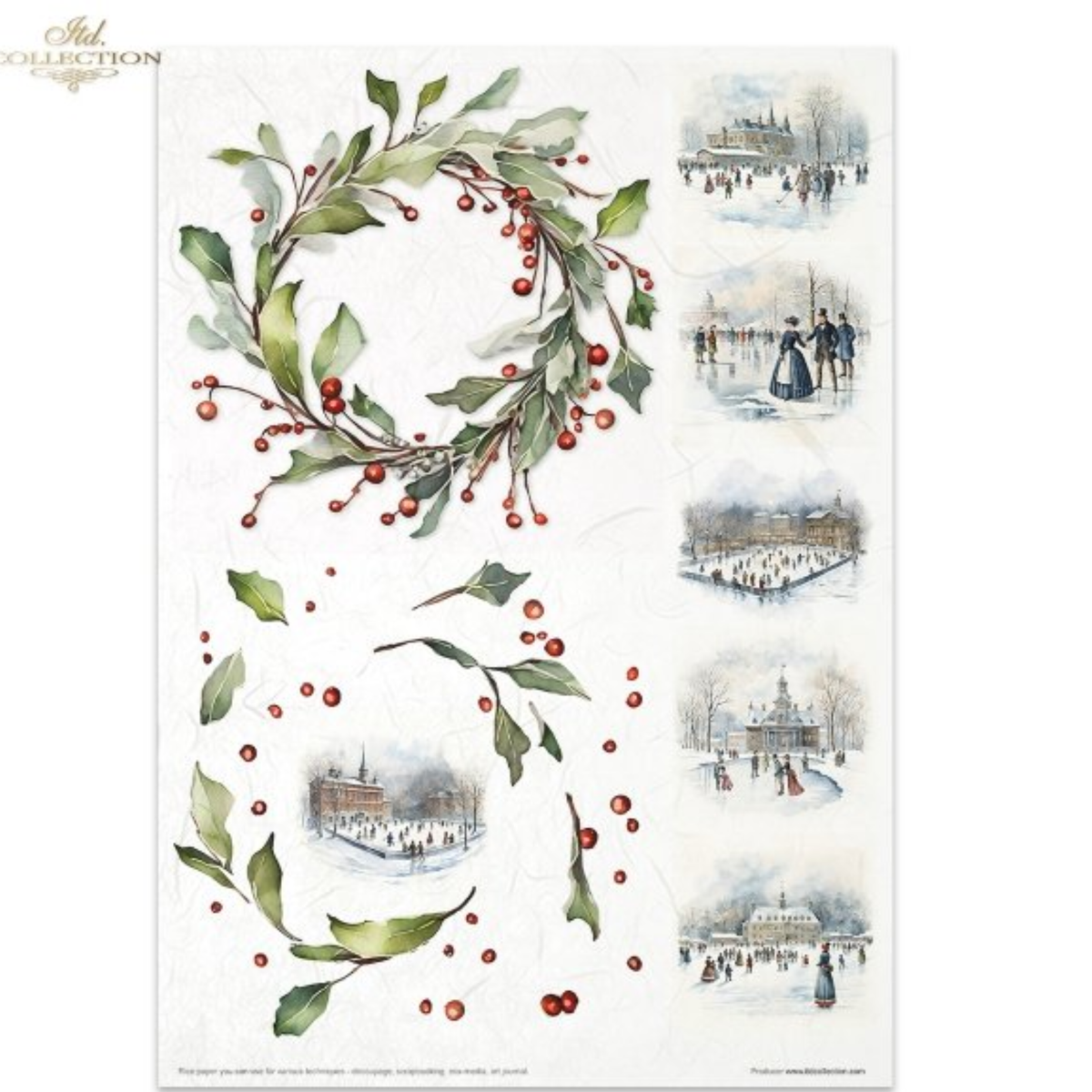 Holiday illustrations featuring holly wreaths with red berries and small winter city scenes from Winter's Wreath decoupage paper set from ITD Collection.
