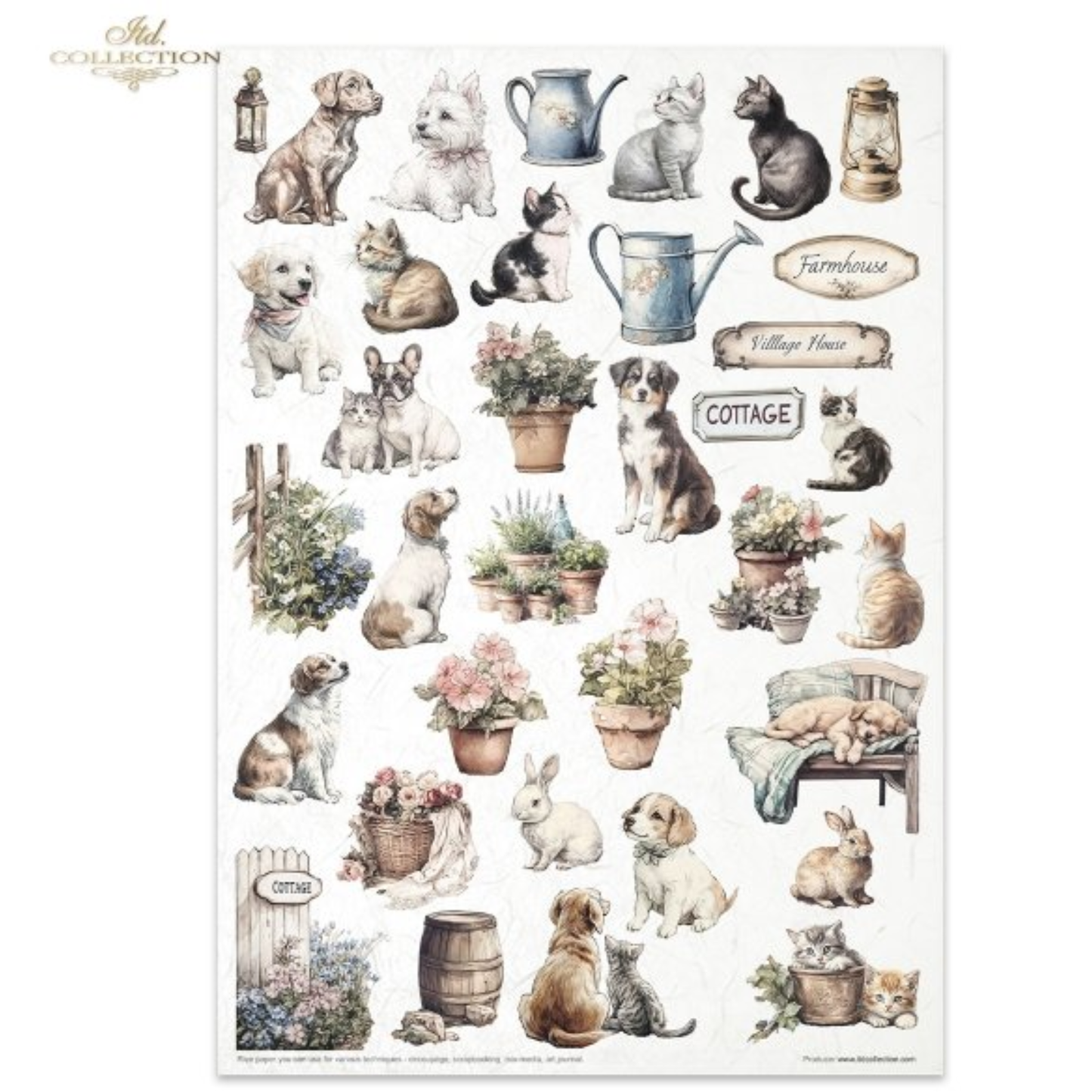 A sheet of vintage-style pet-themed images featuring illustrated dogs, cats, rabbits, flowers, pots, lanterns, and small cottage/farmhouse motifs on a white background.