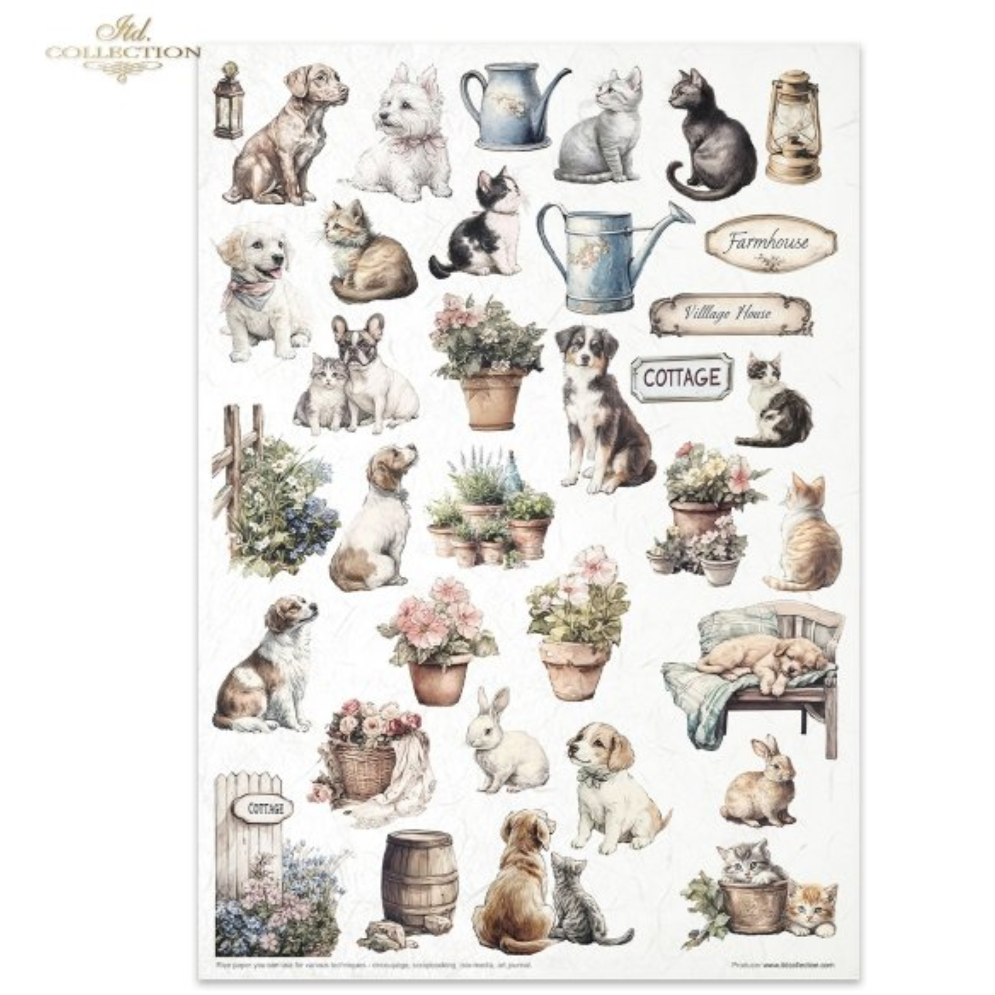 A sheet of vintage-style pet-themed images featuring illustrated dogs, cats, rabbits, flowers, pots, lanterns, and small cottage/farmhouse motifs on a white background.