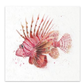 A watercolor-style lion fish artwork on a white textured square canvas or print, with pink, red, and orange tones against a white background.