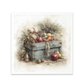 A rice paper design featuring a rustic still life painting of a weathered blue wooden chest overflowing with red apples, purple grapes, pears, and a bundle wrapped in brown paper, set against a soft cream background.