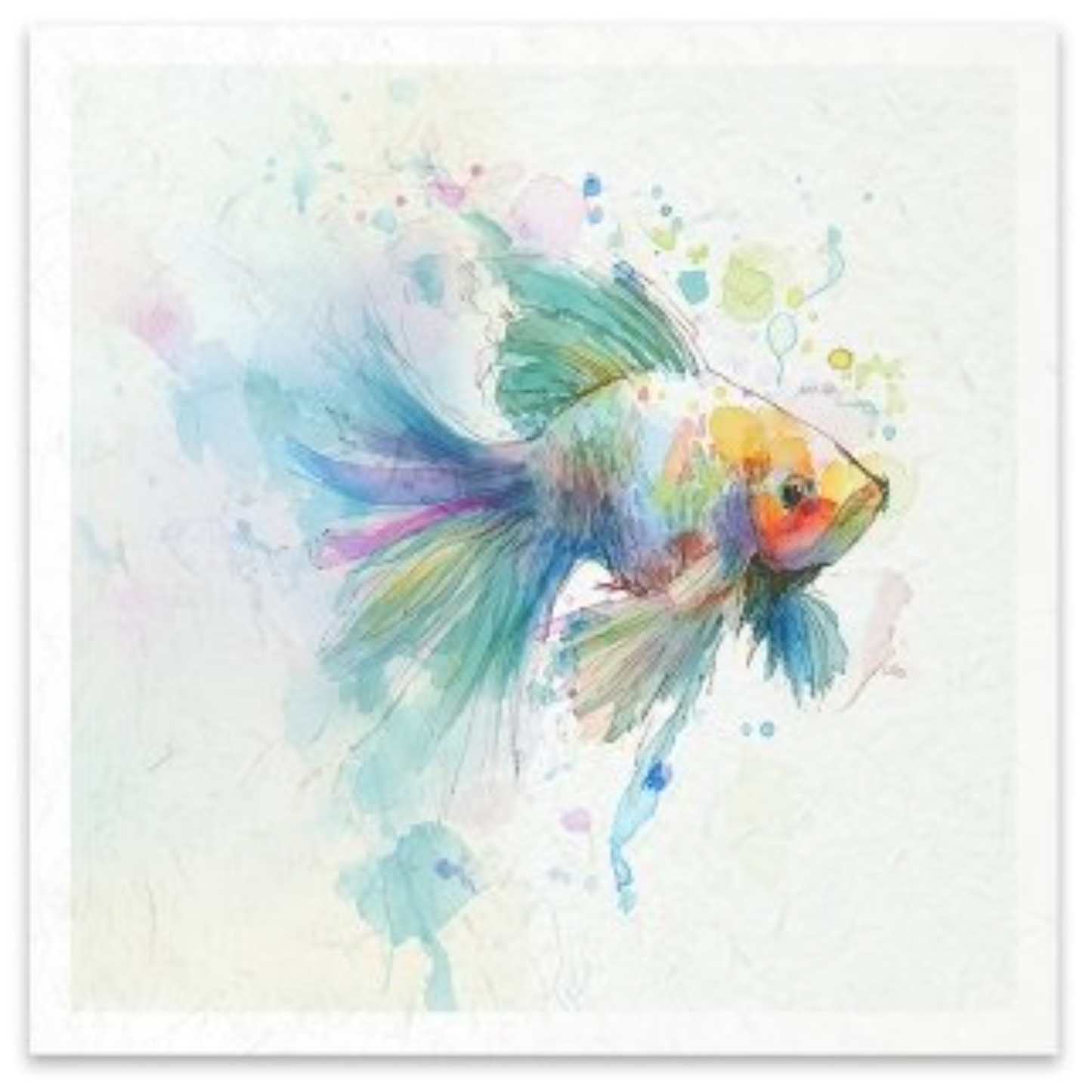 Watercolor art print of a betta fish with vibrant blue, green, yellow, and orange hues on a textured off-white background.