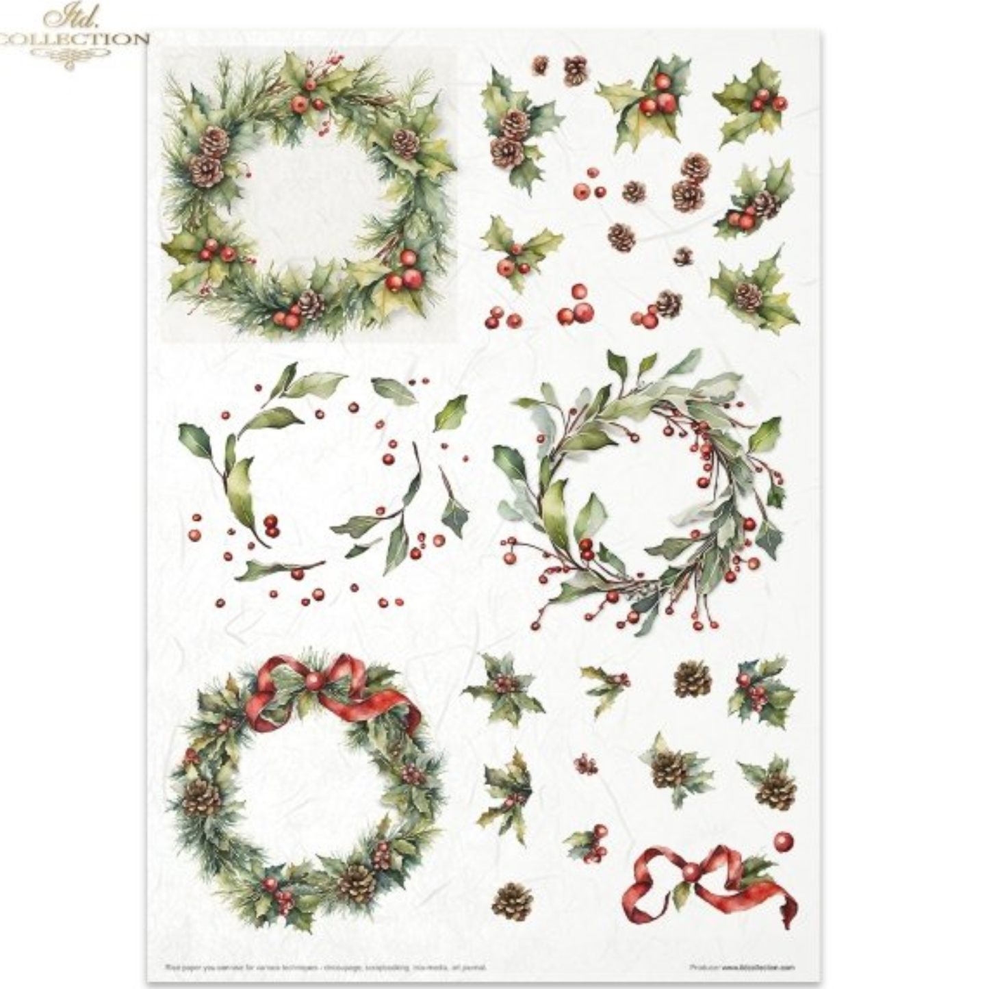 A sheet of Christmas-themed decorative stickers or decals from the Mel Collection, featuring watercolor-style green wreaths with red berries, pinecones, holly leaves, and red bows on a white background.