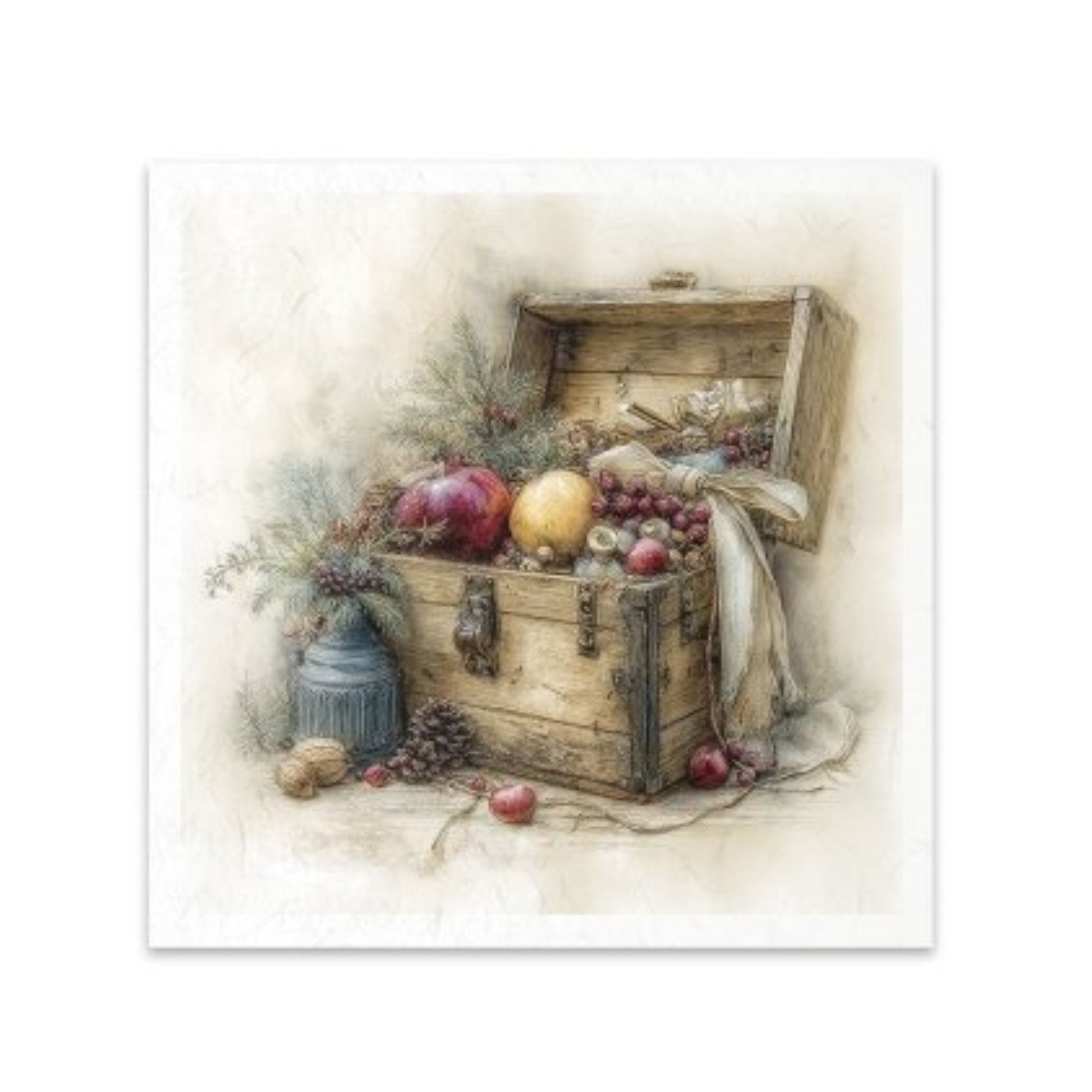 A rice paper image featuring a rustic wooden chest overflowing with fruit, including red apples, purple grapes, and a yellow melon, surrounded by pine branches and a blue-gray vase on a soft cream background.