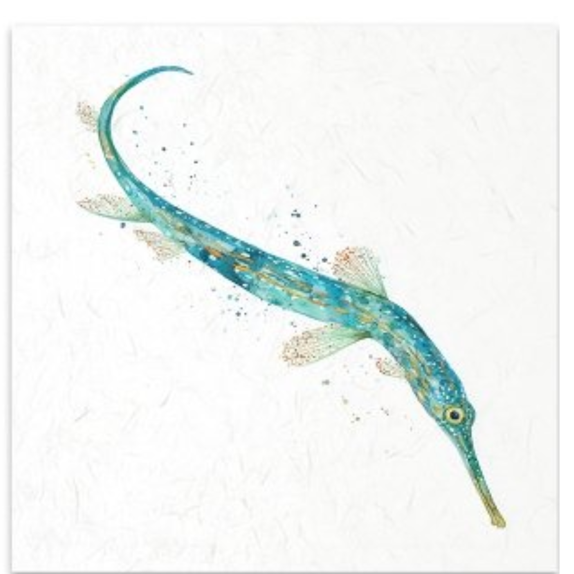A watercolor-style illustration of a long-snouted fish, rendered in shades of teal, blue, and gold, on a textured off-white background.