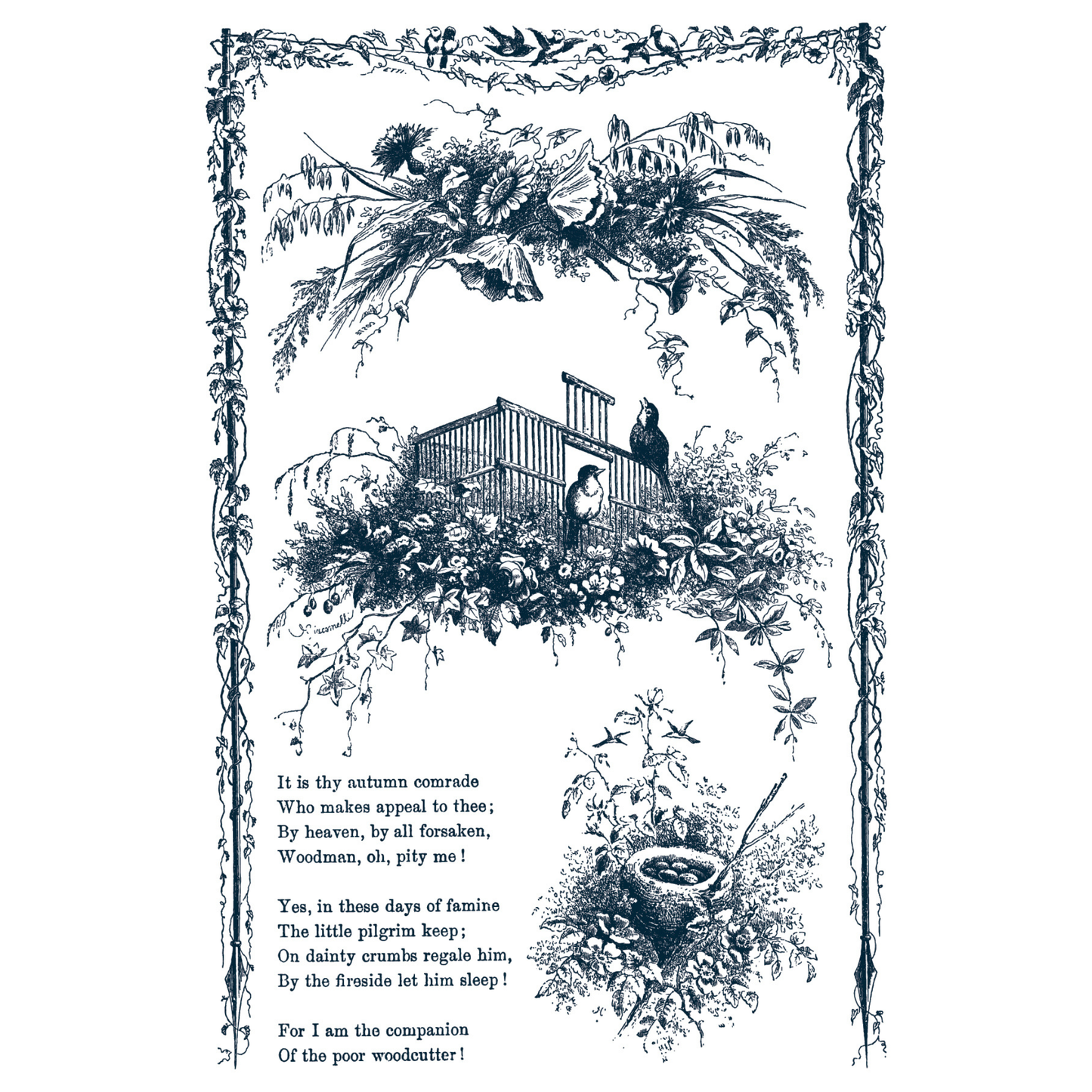 Decorative  illustration in blue with birds, a birdhouse, and text on a white background