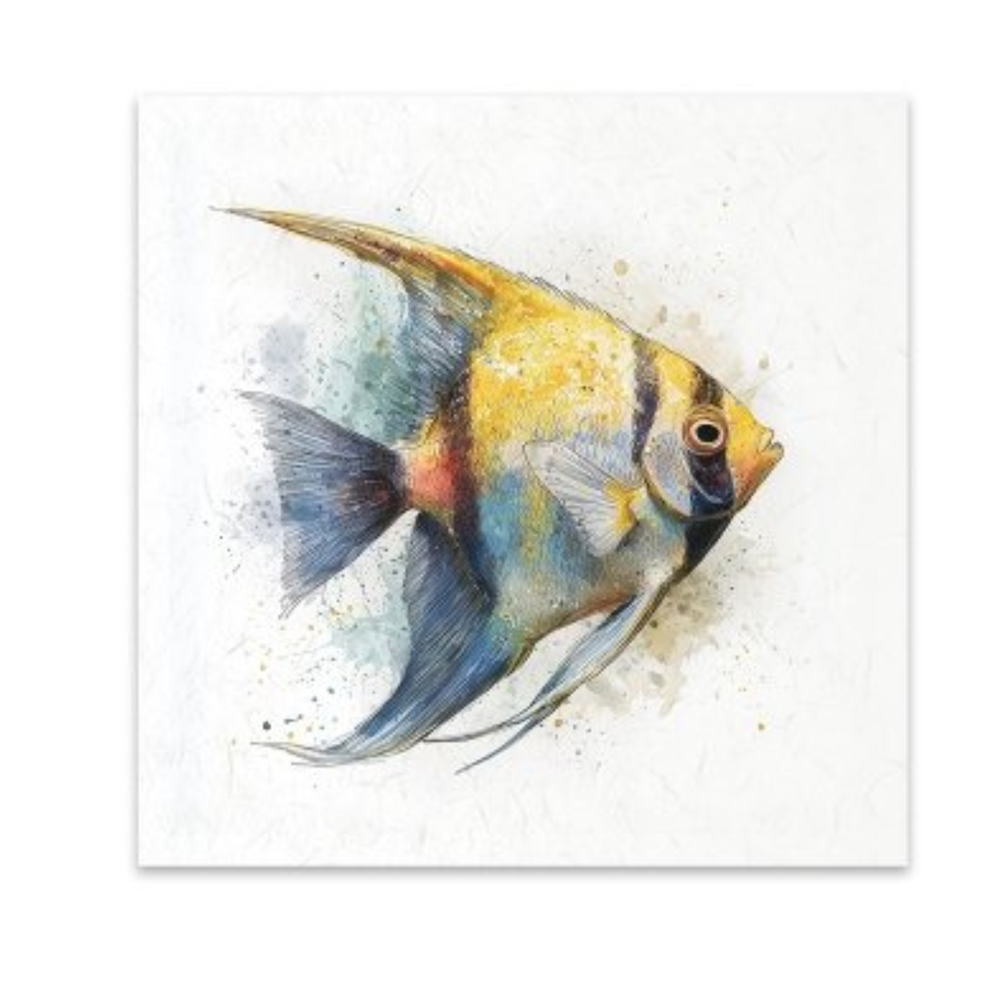 A square art print featuring a watercolor painting of an angelfish with yellow, blue, black, and orange details on a white background.