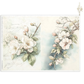 A vintage-style botanical art print featuring delicate white blossoms and green leaves on a soft cream background with faint handwritten script. The print is shown against a plain white background.