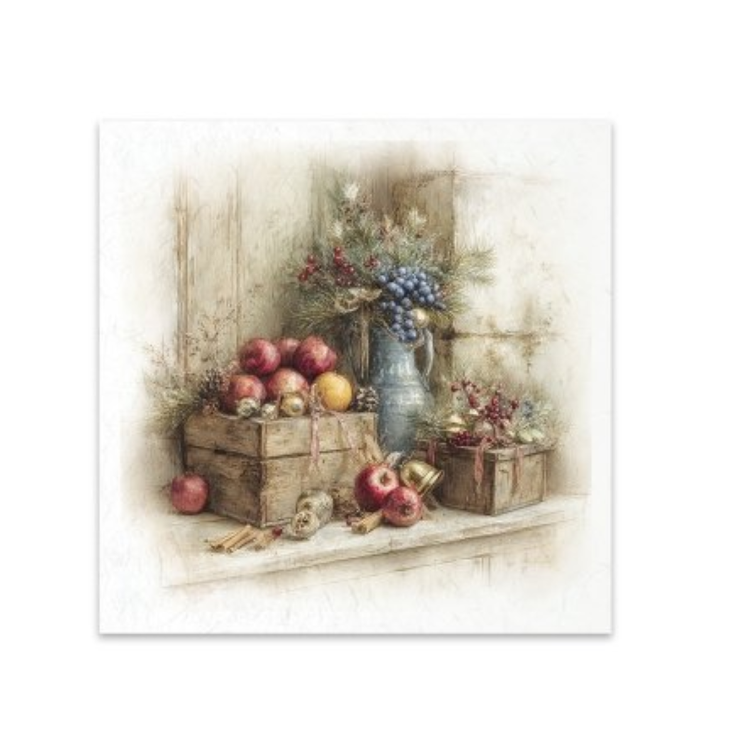 A rice paper image featuring a vintage still life painting of fruit, grapes, and a vase on a rustic wooden surface, shown against a plain white background.