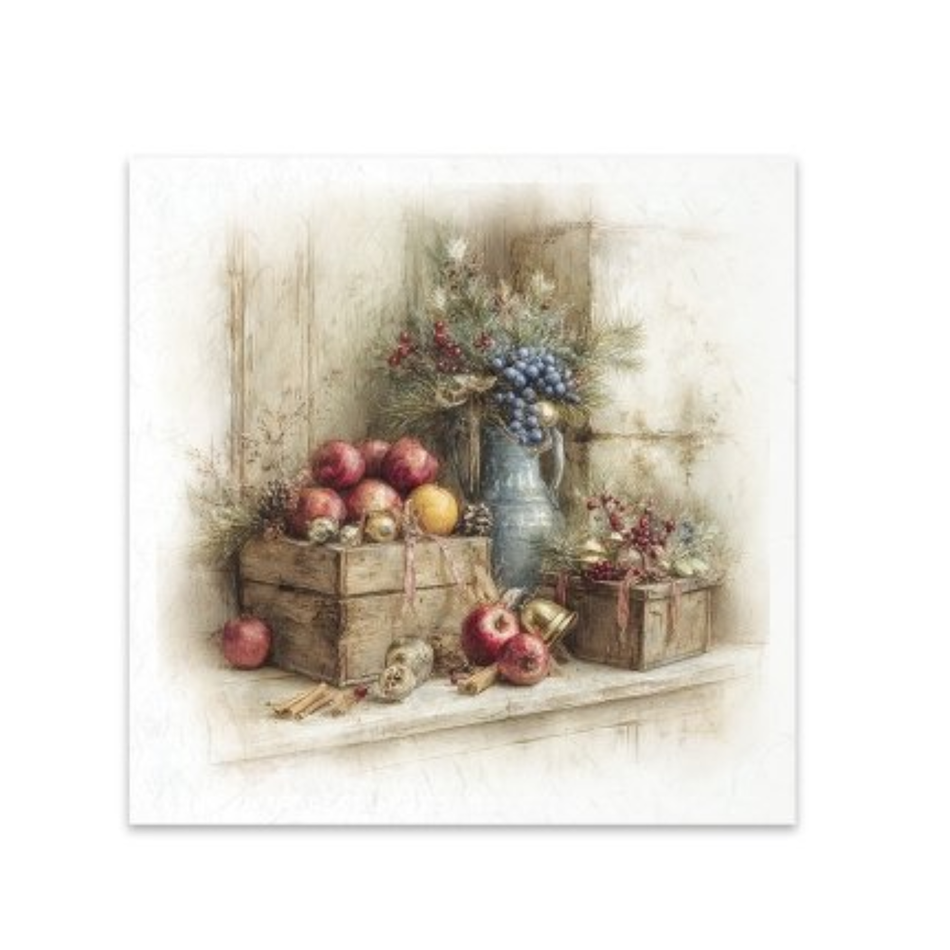 A rice paper image featuring a vintage still life painting of fruit, grapes, and a vase on a rustic wooden surface, shown against a plain white background.