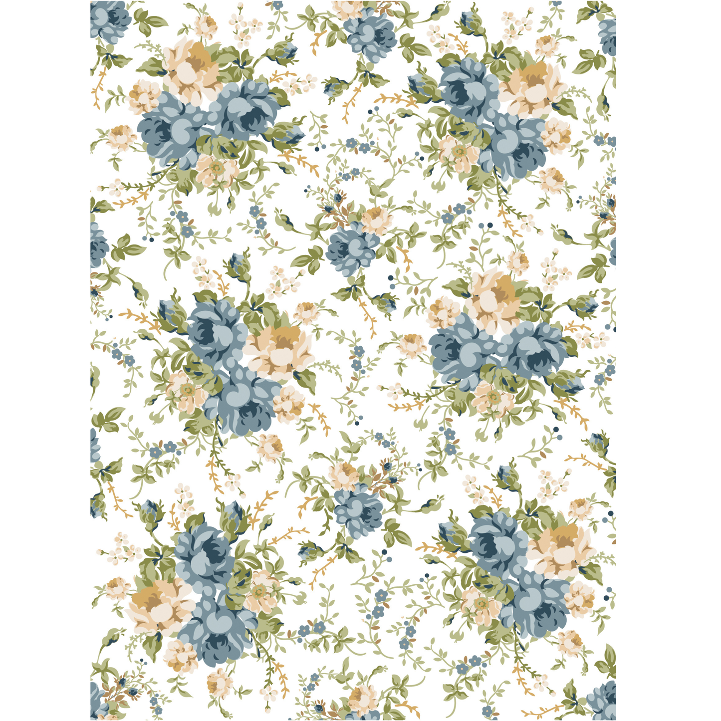 Floral pattern with blue and beige flowers on a white background