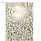 A rectangular floral patterned backdrop or fabric panel featuring a dense field of small white flowers with soft green and beige foliage, fading into a pale cloudy center. 