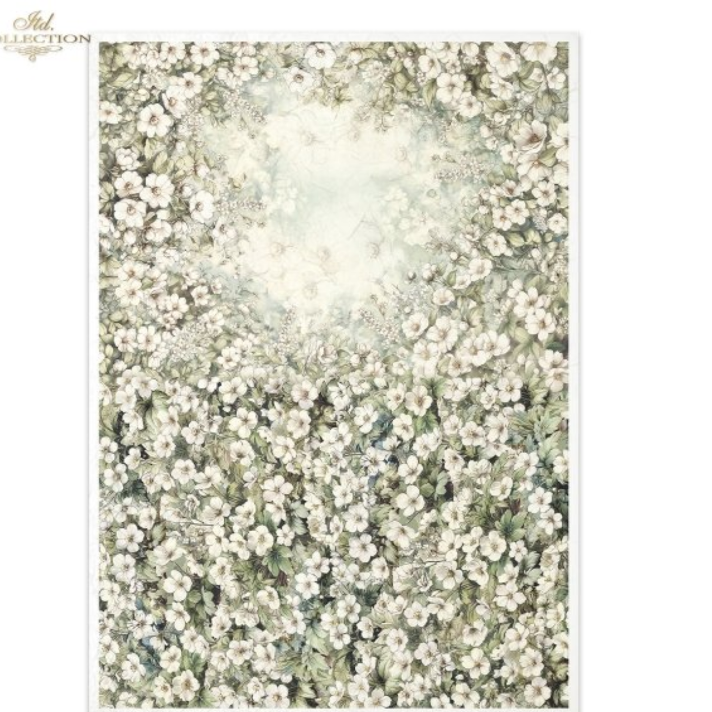A rectangular floral patterned backdrop or fabric panel featuring a dense field of small white flowers with soft green and beige foliage, fading into a pale cloudy center. 