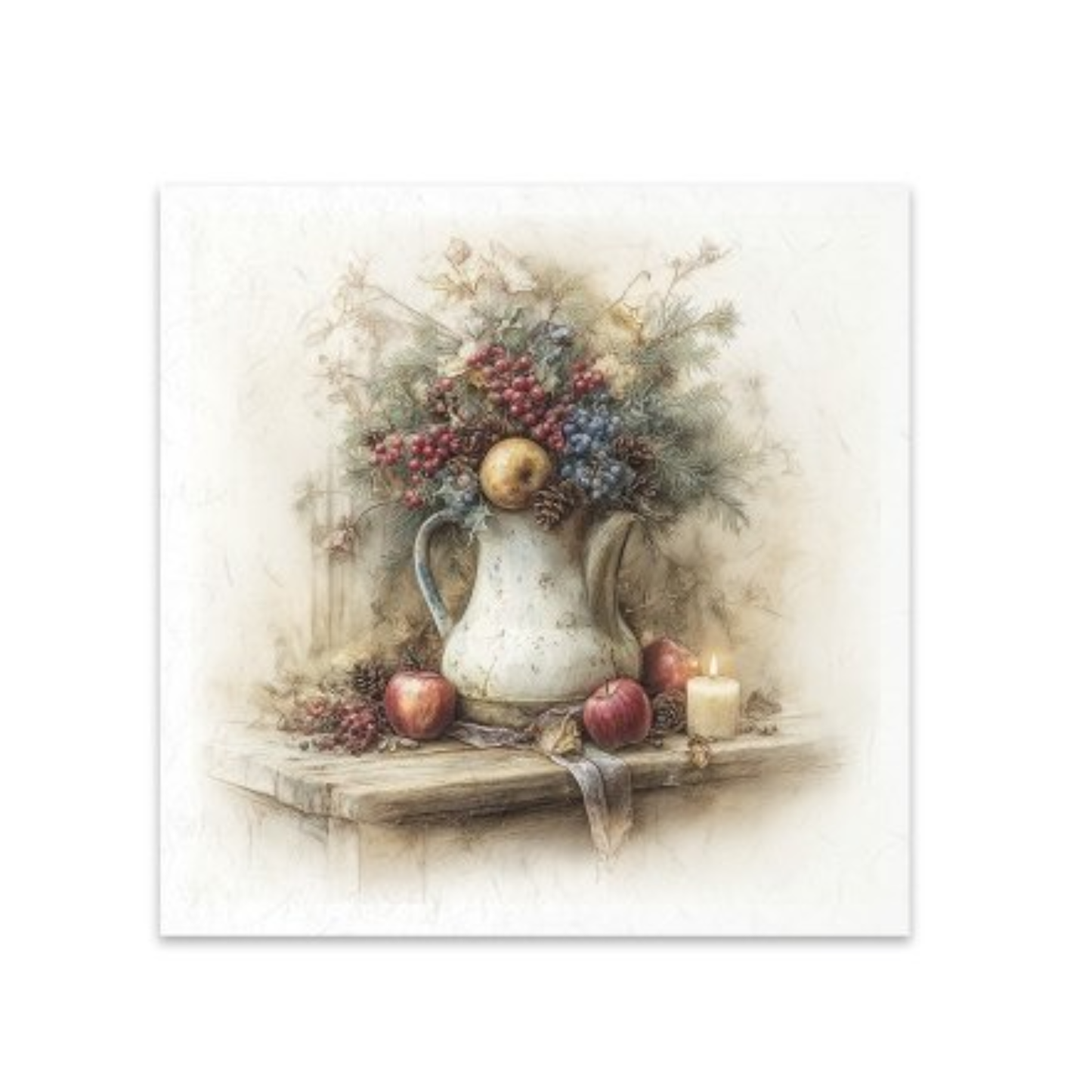 A rice paper image featuring a still life painting of a white pitcher filled with red and blue berries and green foliage, set on a rustic table with apples and a candle.