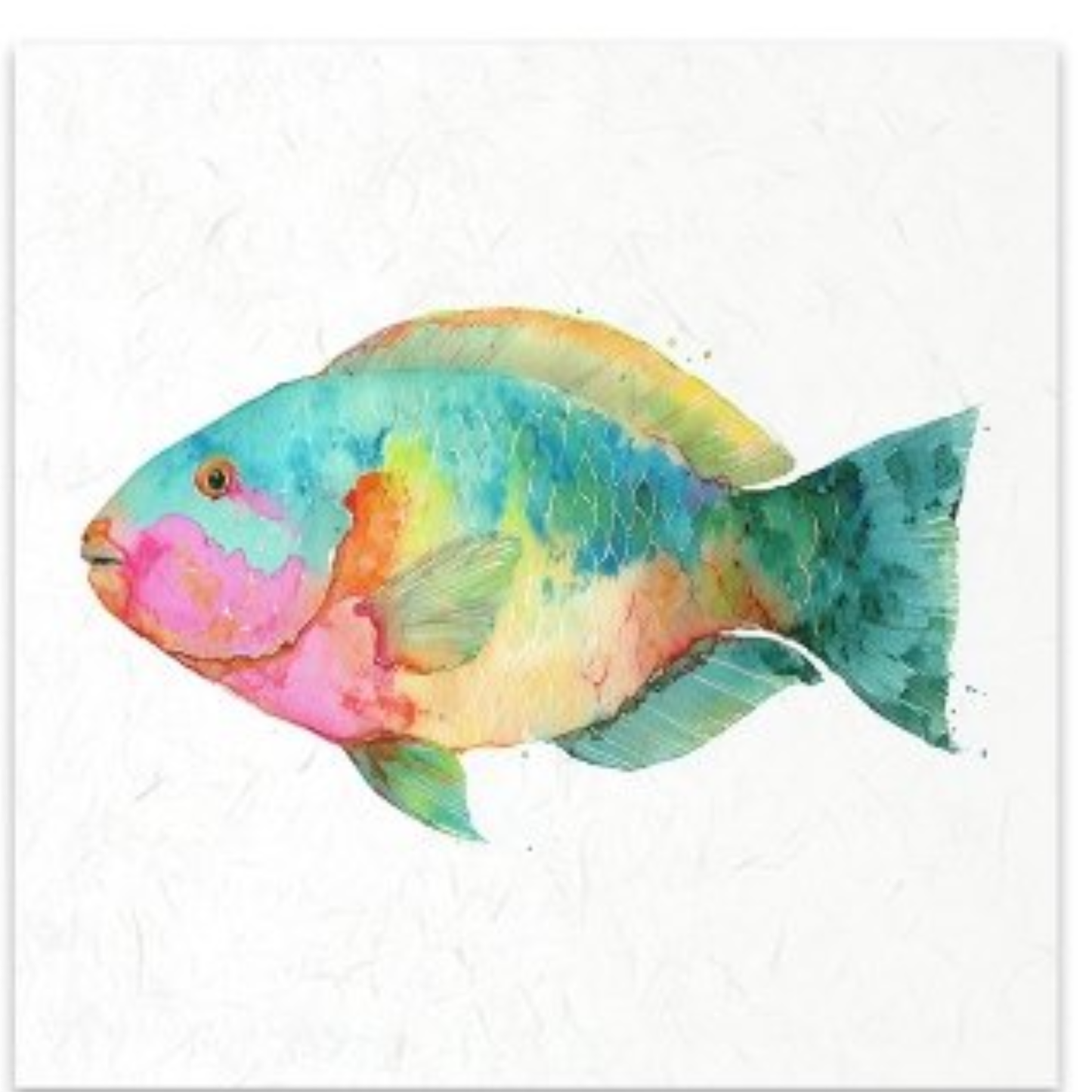 A colorful watercolor painting of a fish on a textured white background.