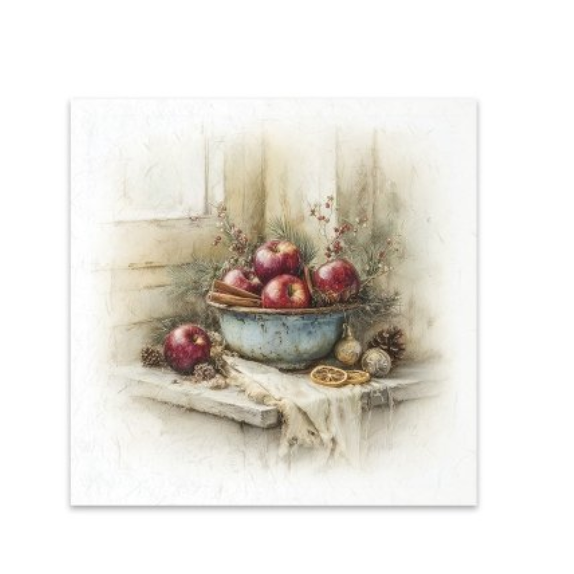 A rice paper image featuring a still life painting of red apples in a rustic blue bowl on a weathered windowsill, shown against a clean white background.