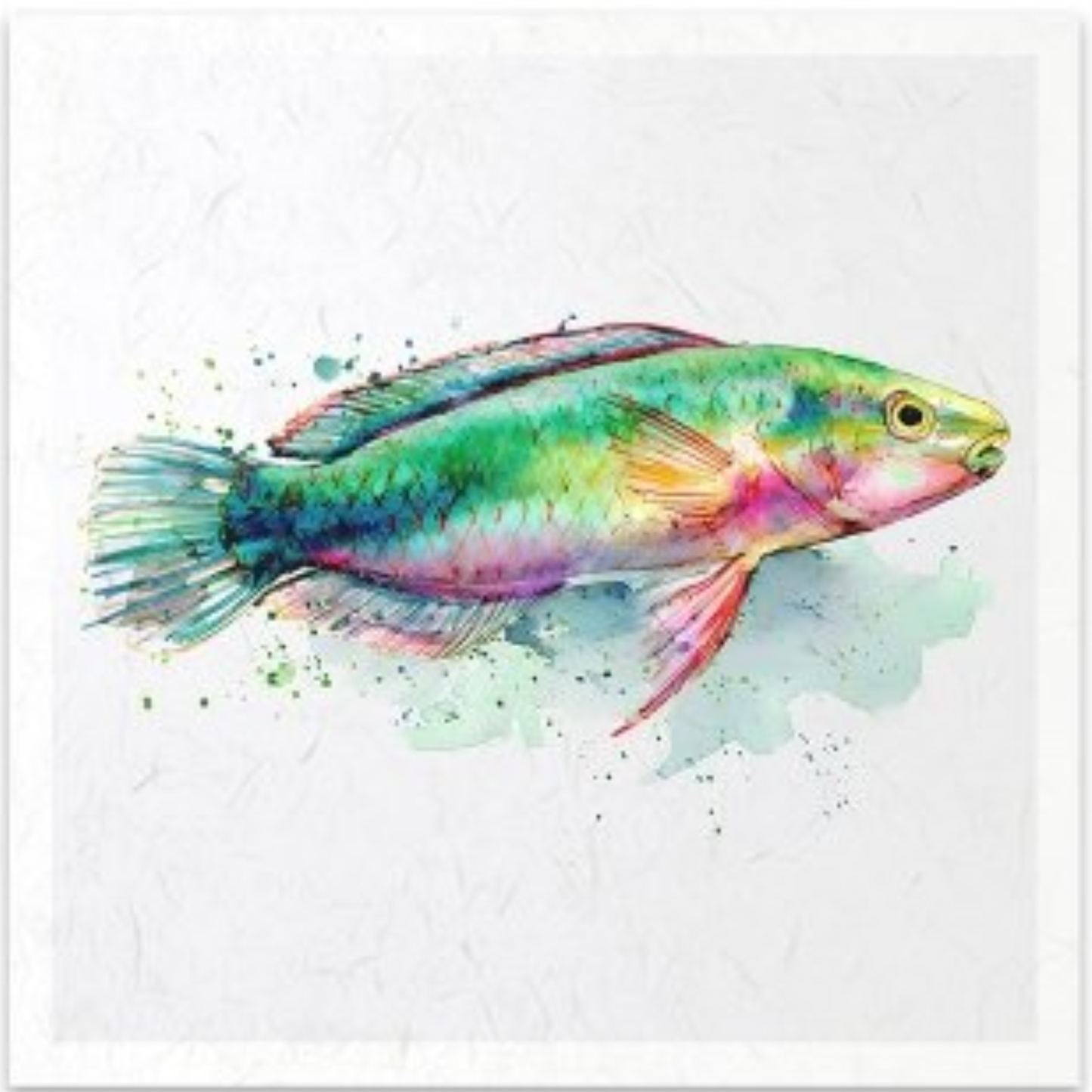 A colorful watercolor painting of a fish on a textured off-white background, framed by a thin dark border.