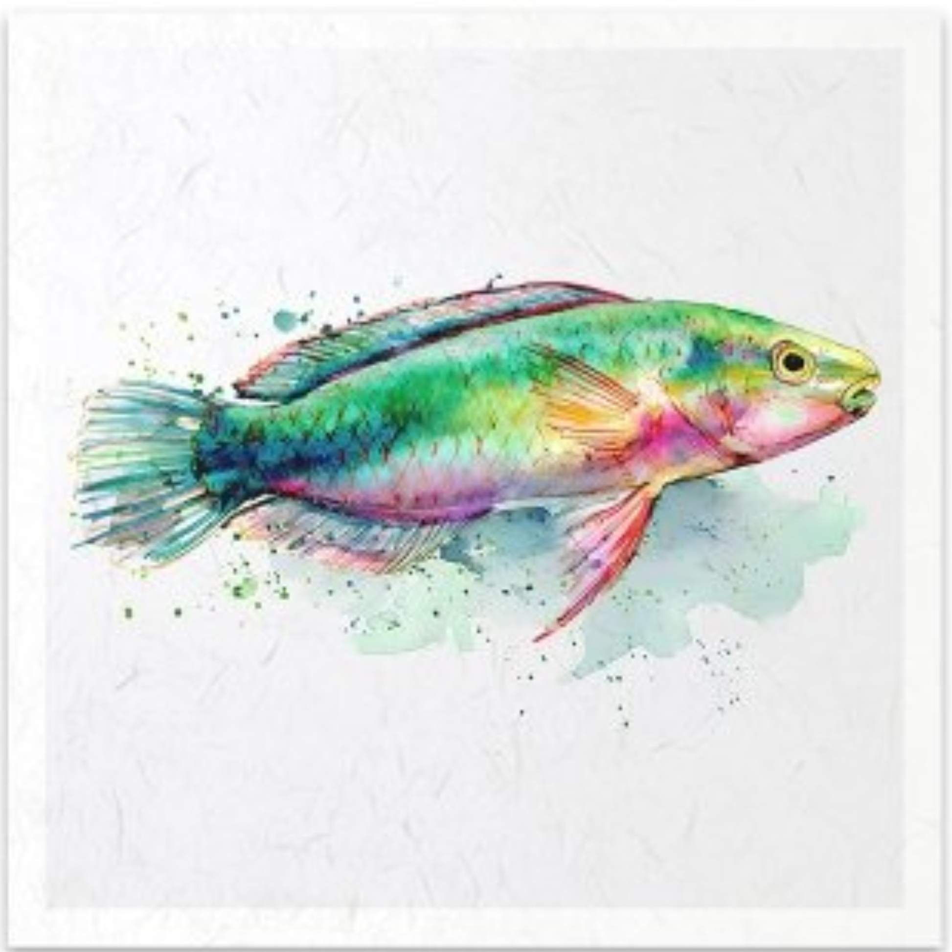 A colorful watercolor painting of a fish on a textured off-white background, framed by a thin dark border.