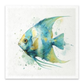 Watercolor painting of a blue and yellow angelfish on a textured off-white background, presented as a square art print with a white border.