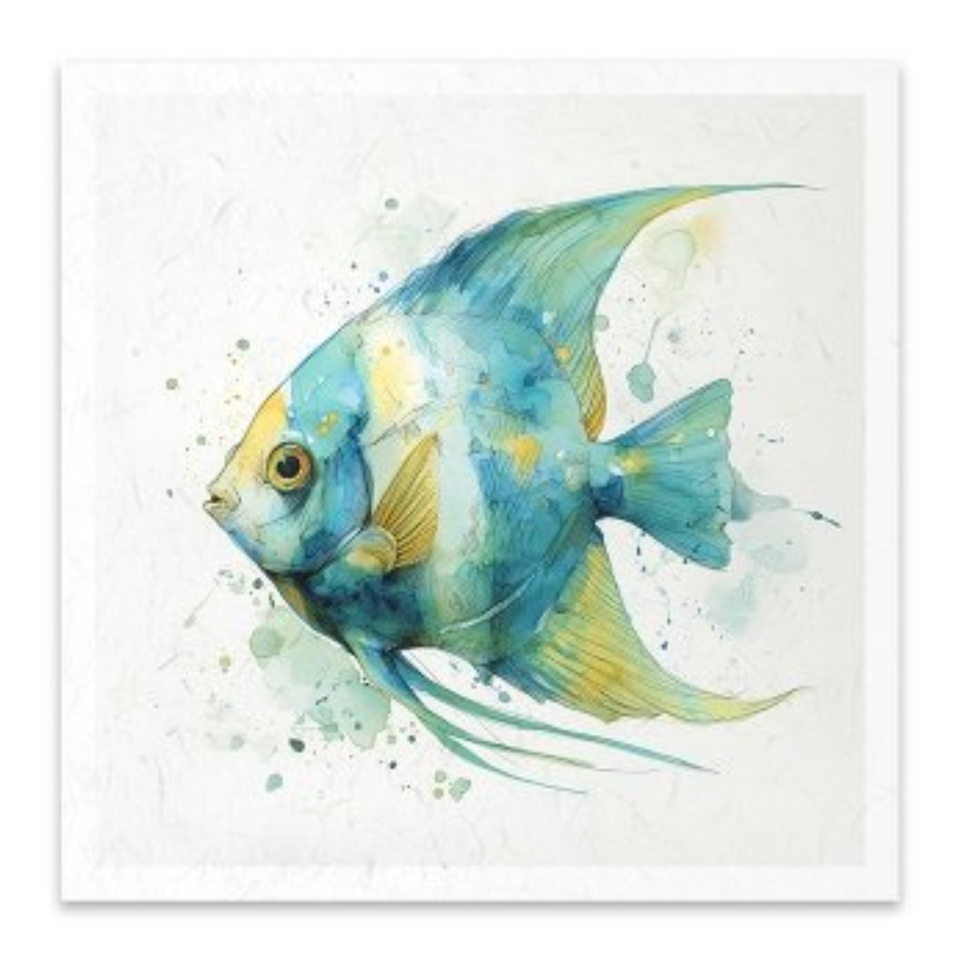 Watercolor painting of a blue and yellow angelfish on a textured off-white background, presented as a square art print with a white border.