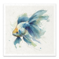 Watercolor painting of a blue and white betta fish with a yellow-orange head, presented on a textured off-white square canvas with a white border.