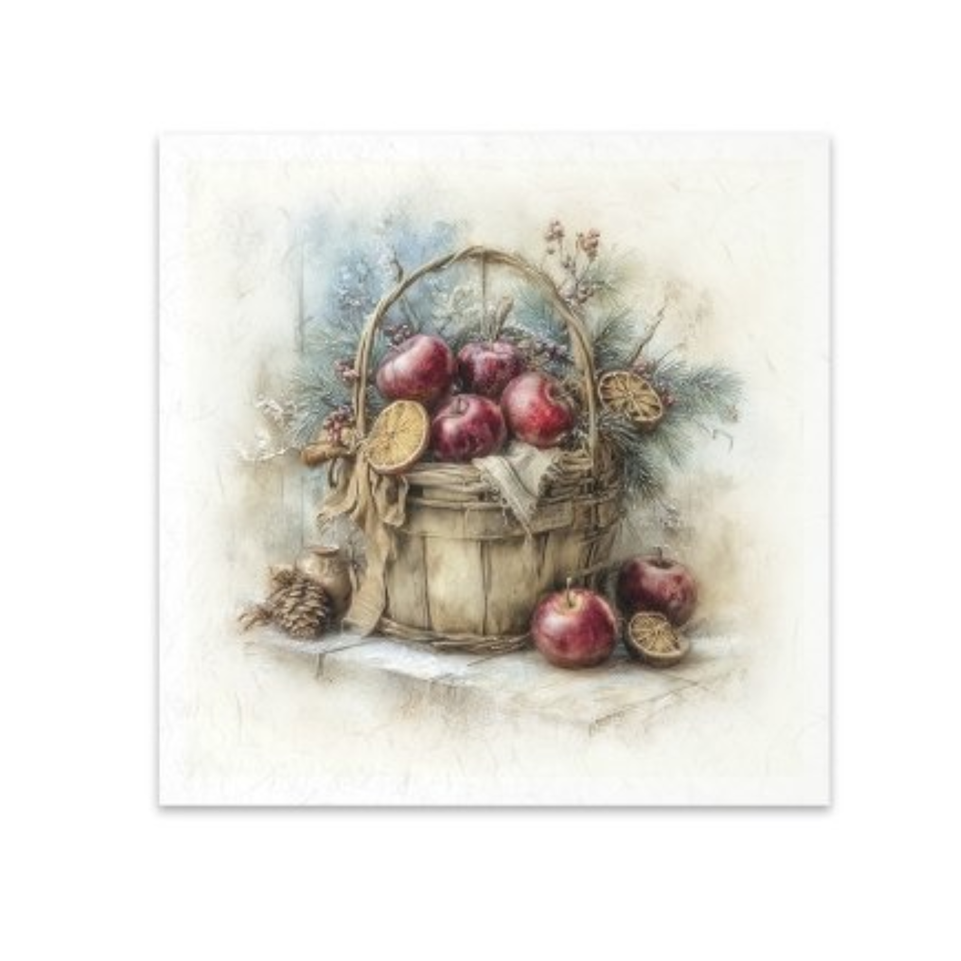 A rice paper image featuring a rustic still life illustration of a wooden basket filled with red apples, evergreen branches, pinecones, and dried citrus slices, set against a soft cream and blue background.