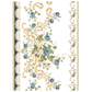 Decorative floral  pattern with flourishes and scalloped border with blue, green, and gold colors on a white background.