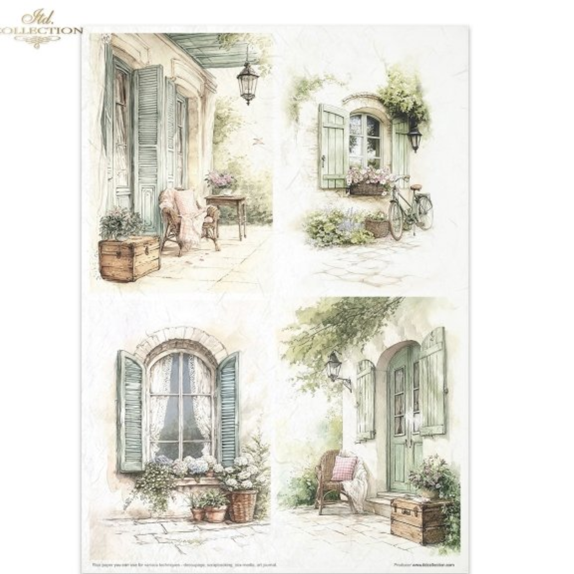 Design features four vintage French courtyard scenes with shuttered windows, potted plants, a bicycle, and soft pastel watercolor-style illustrations. 