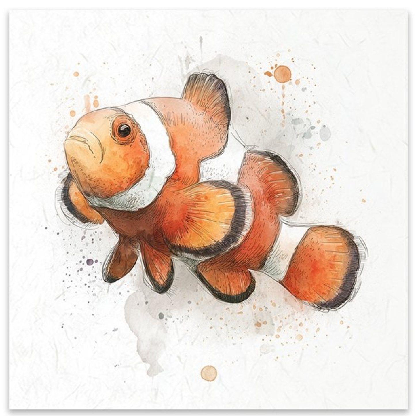 Watercolor painting of a clownfish on a textured white background with paint splatters.