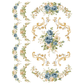 Decorative floral and leaf pattern with blue and green flowers with swags and flourishes on a white background