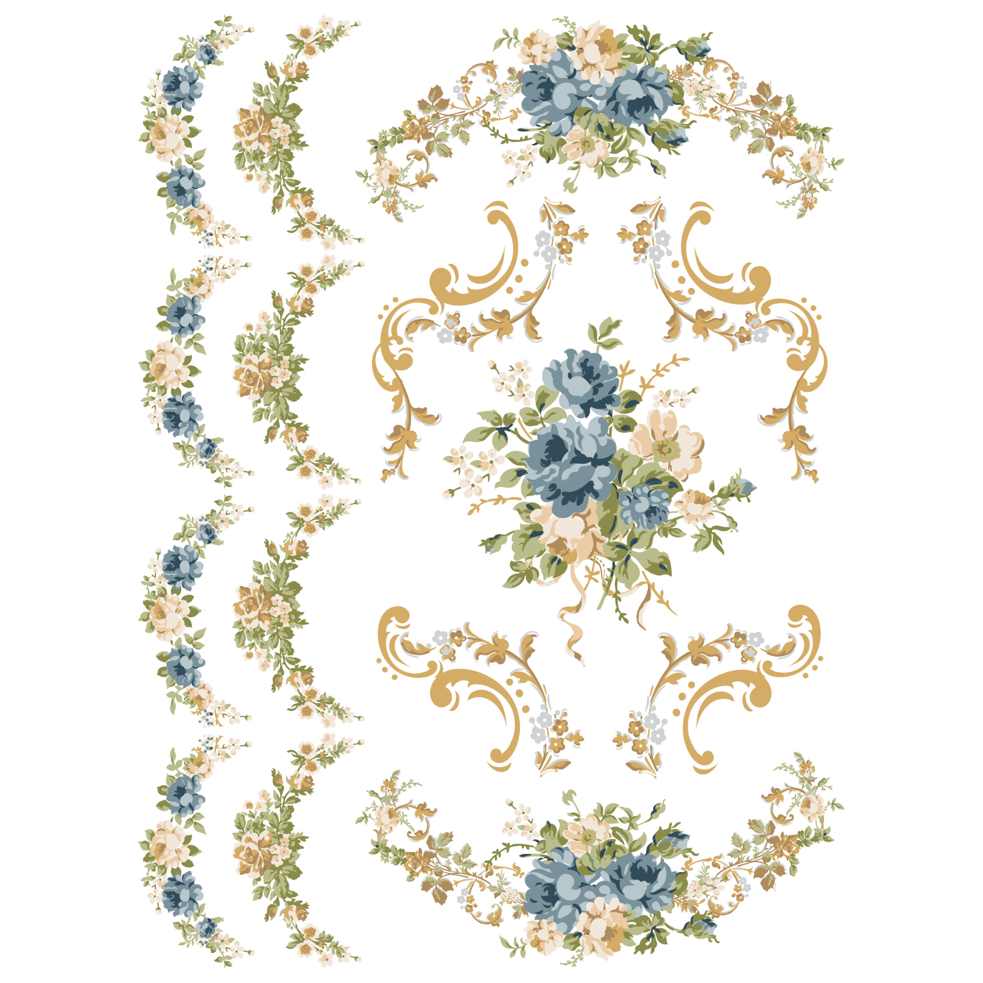 Decorative floral and leaf pattern with blue and green flowers with swags and flourishes on a white background
