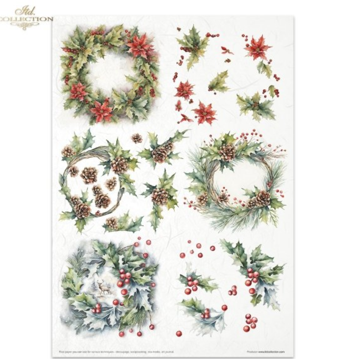 A sheet of Christmas-themed papers from ITD Collection, featuring watercolor-style wreaths, holly leaves, pinecones, and red berries on a white background.